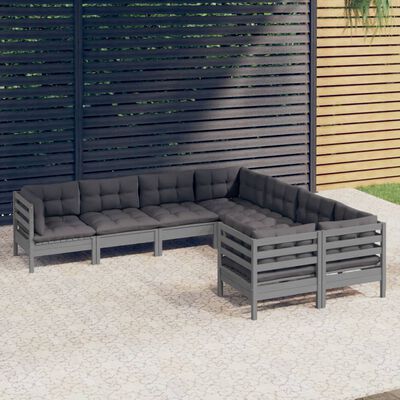 vidaXL Set mobilier relaxare grădină 8 piese perne gri lemn masiv pin