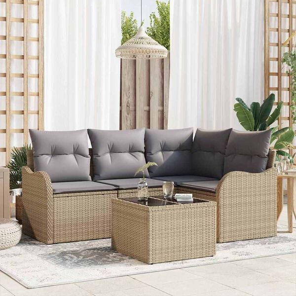 vidaXL Set de canapele pentru grădină cu pernă 5 pcs Bej Rattan poli