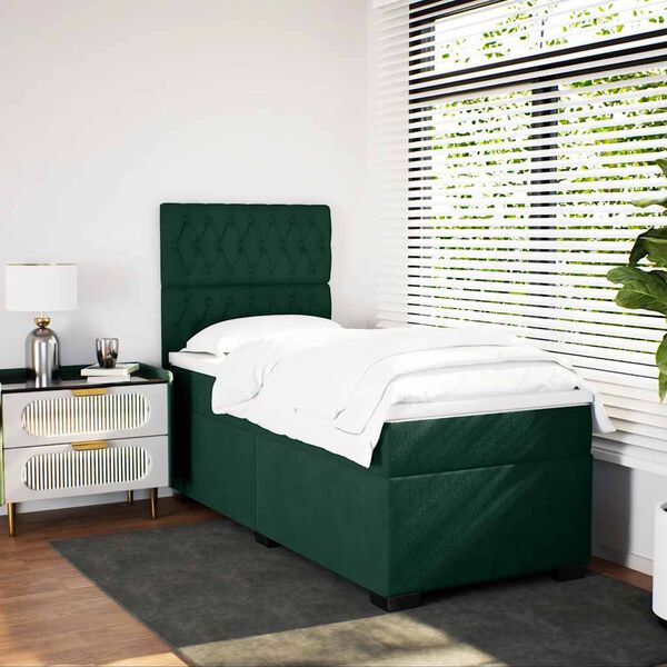 vidaXL Pat box spring cu saltea, verde &icirc;nchis, 90x190 cm, catifea