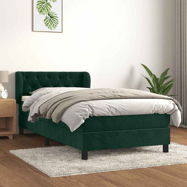 vidaXL Pat box spring cu saltea, verde &icirc;nchis, 90x190 cm, catifea