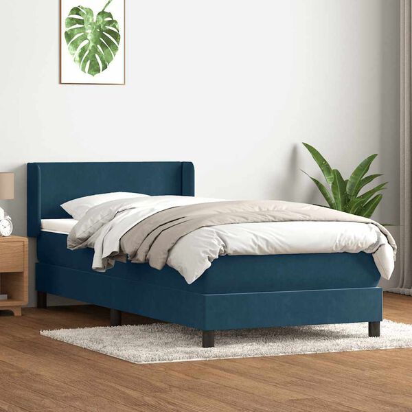 vidaXL Pat box spring cu saltea, albastru &icirc;nchis, 90x220 cm, catifea