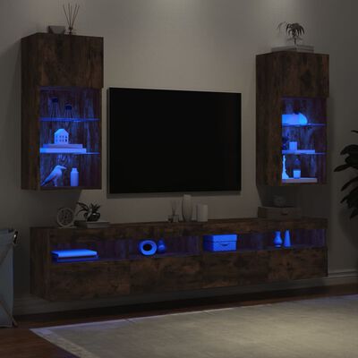 vidaXL Comode TV cu lumini LED, stejar fumuriu, 40,5x30x90 cm
