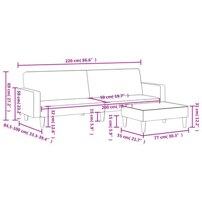 vidaXL Canapea extensibilă cu taburet, 2 locuri, gri închis, catifea