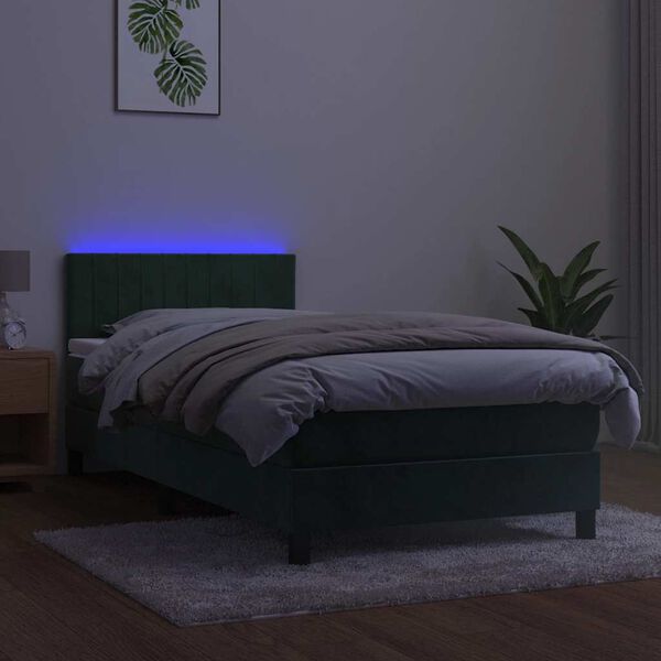 vidaXL Pat continental cu saltea și LED verde &icirc;nchis 80x200 cm catifea
