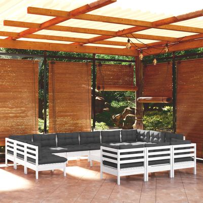 vidaXL Set mobilier de grădină cu perne, 14 piese, alb, lemn masiv pin