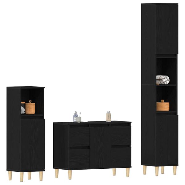 vidaXL Set de mobilier pentru baie Pe perete cu ușă 3 pcs Stejar Negru