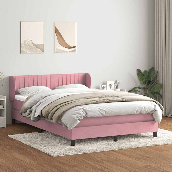 vidaXL Pat box spring cu saltea, roz, 140x220 cm, catifea