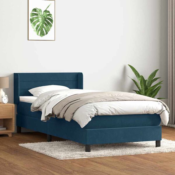 vidaXL Pat box spring cu saltea, albastru &icirc;nchis, 80x220 cm, catifea