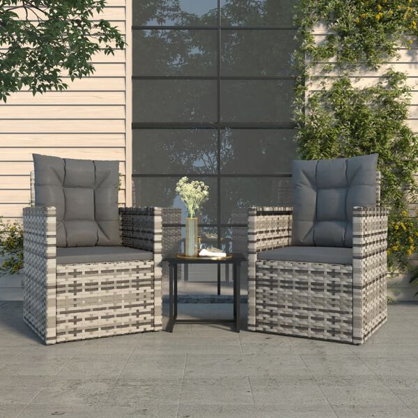 vidaXL Set mobilier de exterior cu perne, 3 piese, gri, poliratan