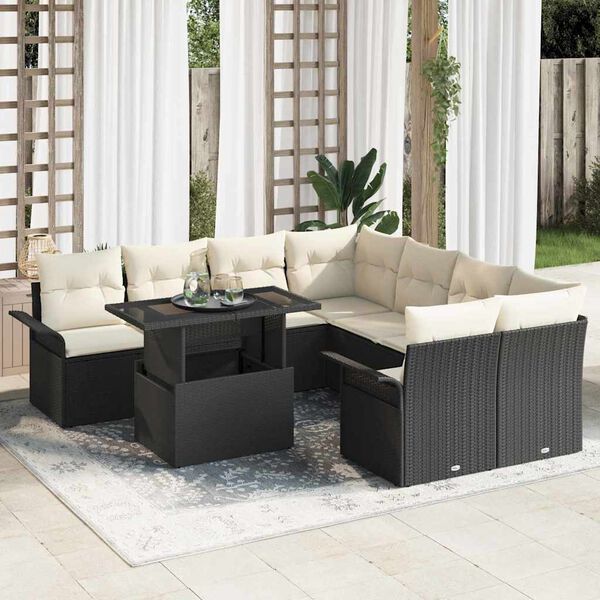vidaXL Set de canapele pentru grădină cu pernă 9 pcs Negru Rattan poli