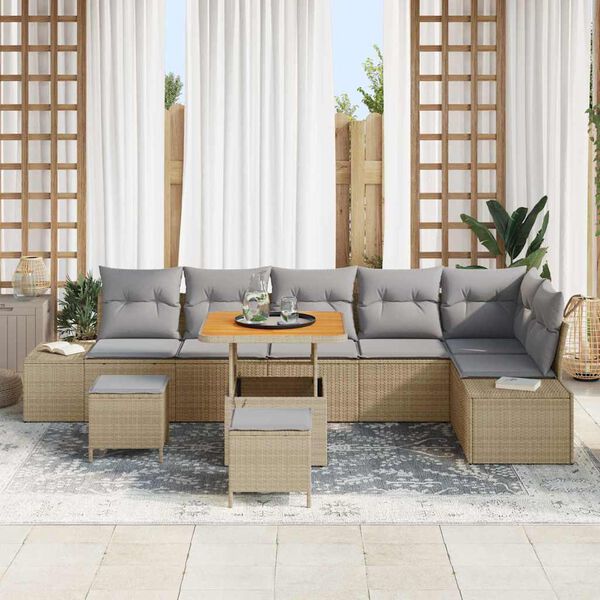 vidaXL Set de canapele pentru grădină cu pernă 9 pcs Bej Rattan poli