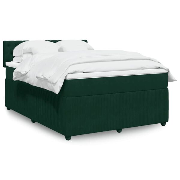 vidaXL Pat box spring cu saltea, verde &icirc;nchis, 140x200 cm, catifea