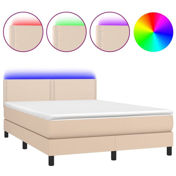 vidaXL Pat cu arcuri, cu saltea și LED cappuccino 140x190 cm piele eco