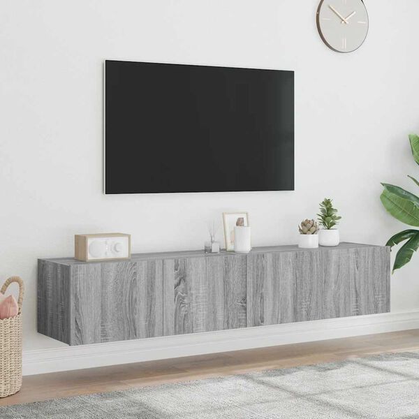 vidaXL Comodă TV de perete cu LED, 2 buc, gri sonoma, 80x35x31 cm