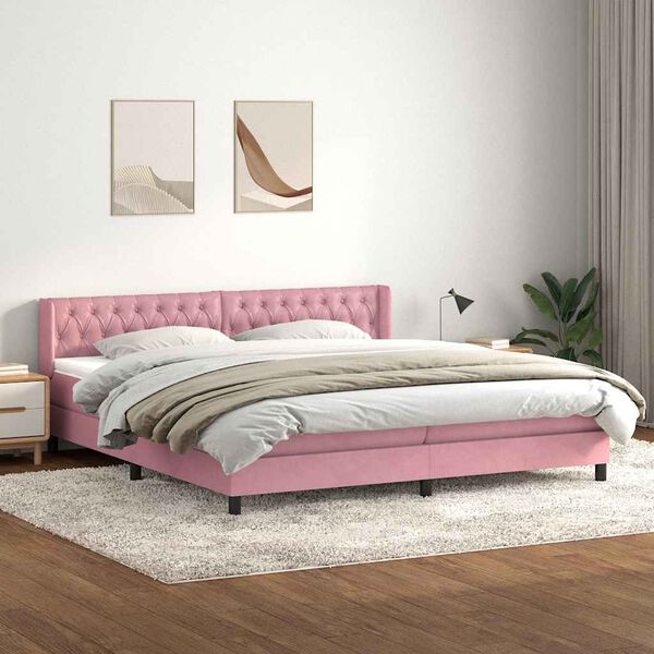 vidaXL Pat box spring cu saltea, roz, 200x220 cm, catifea