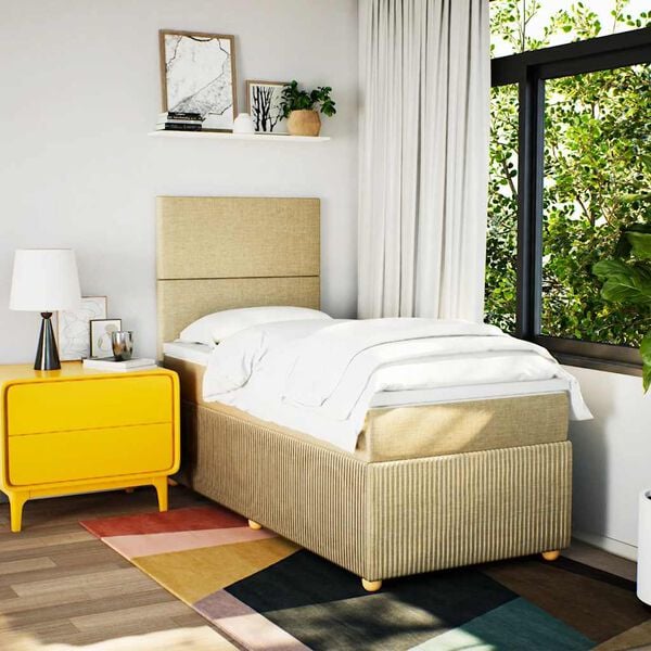 vidaXL Pat box spring cu saltea, crem, 90x190 cm, textil