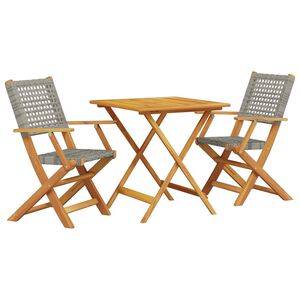 vidaXL Set bistro de grădină, 3 piese, gri, poliratan și lemn masiv