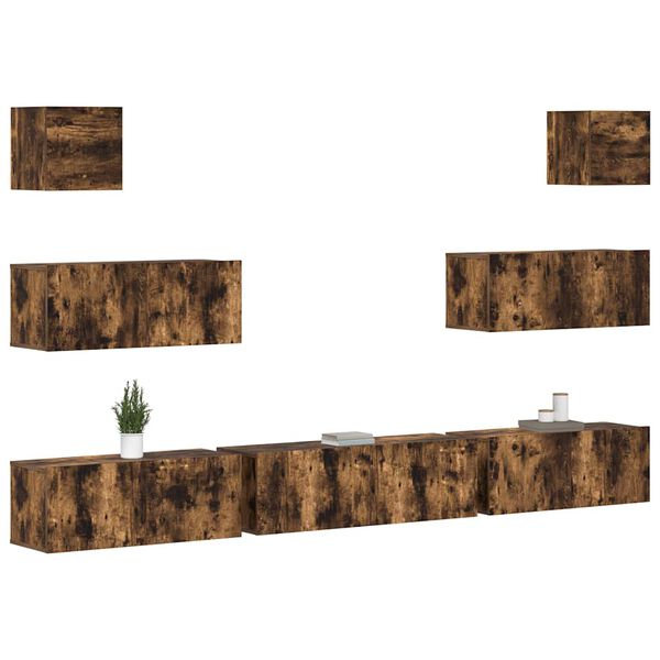 vidaXL Set comodă TV, 7 piese, stejar fumuriu, lemn compozit