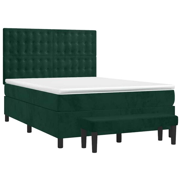 vidaXL Pat box spring cu saltea, verde &icirc;nchis, 140x200 cm, catifea
