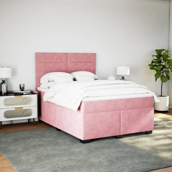 vidaXL Pat box spring cu saltea, roz, 140x190 cm, catifea