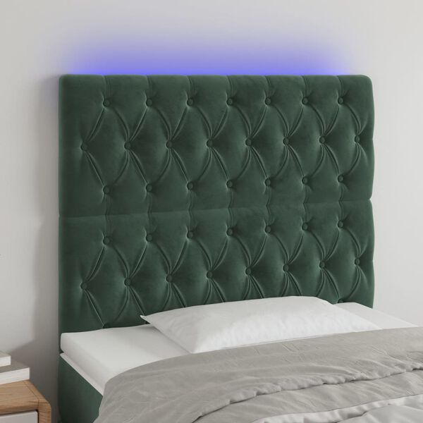 vidaXL Tăblie de pat cu LED, verde &icirc;nchis, 100x7x118/128 cm, catifea