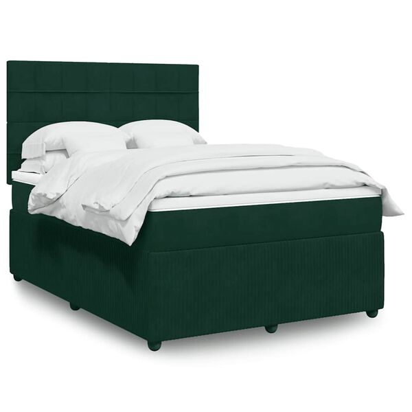 vidaXL Pat box spring cu saltea, verde &icirc;nchis, 140x200 cm, catifea