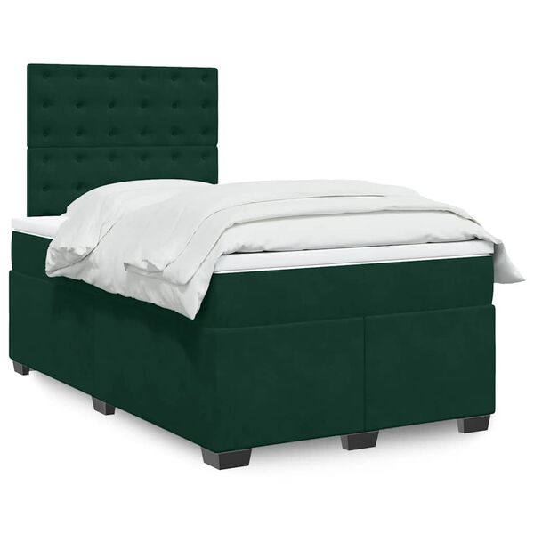 vidaXL Pat box spring cu saltea, verde &icirc;nchis, 120x190 cm, catifea