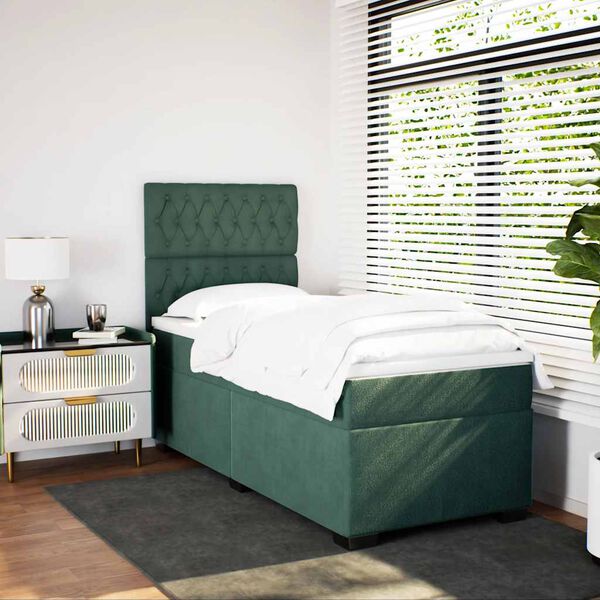 vidaXL Pat box spring cu saltea, verde &icirc;nchis, 90x190 cm, catifea