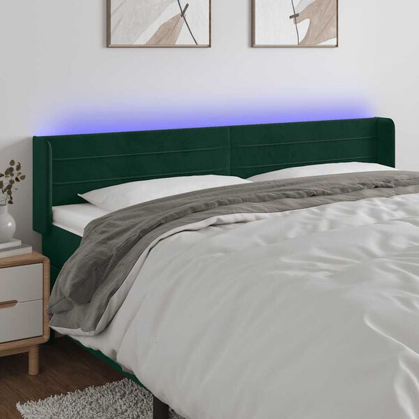vidaXL Tăblie de pat cu LED, verde &icirc;nchis, 183x16x78/88 cm, catifea