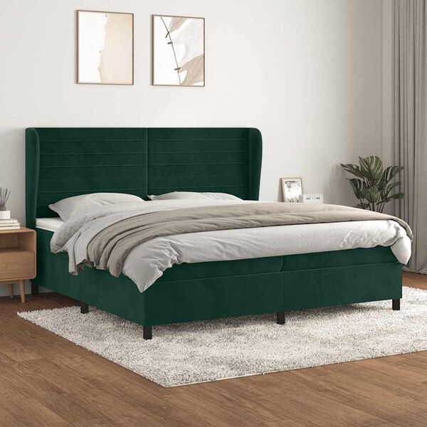 vidaXL Pat box spring cu saltea, verde &icirc;nchis, 200x200 cm, catifea