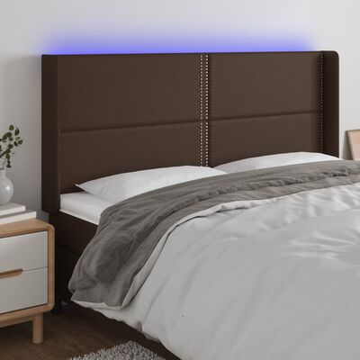 vidaXL Tăblie de pat cu LED, maro, 203x16x118/128 cm, piele ecologică