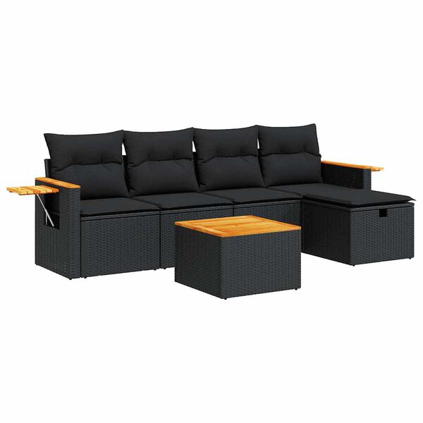 vidaXL Set mobilier de grădină cu perne, 6 piese, negru, poliratan