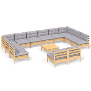 vidaXL Set mobilier grădină cu perne, 13 piese, gri, lemn masiv pin