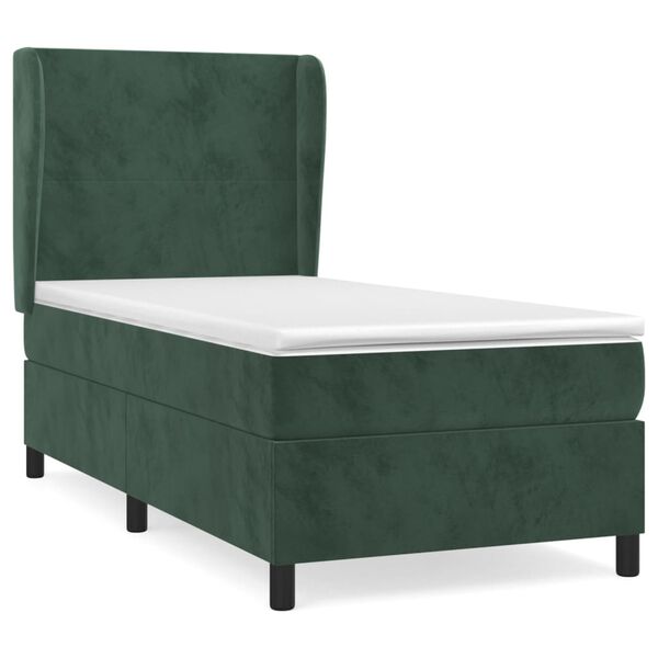 vidaXL Pat box spring cu saltea, verde &icirc;nchis, 90x200 cm, catifea