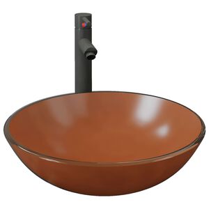 vidaXL Chiuvetă baie, robinet și scurgere tip push, maro sticlă călită