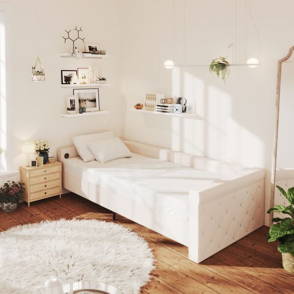 vidaXL Pat de zi, crem, 90x200 cm, textil, USB