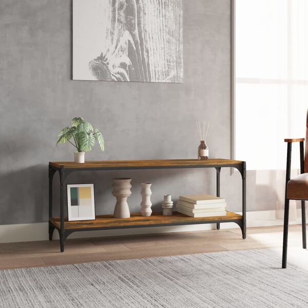 vidaXL Comodă TV, stejar fumuriu, 100x33x41 cm, lemn prelucrat și oțel