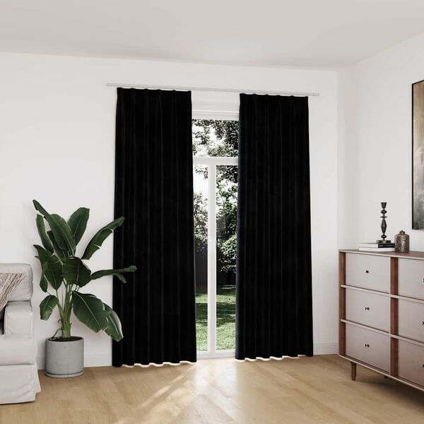 vidaXL Draperii opace, 2 buc., negru, 140x225 cm, catifea, cu c&acirc;rlige
