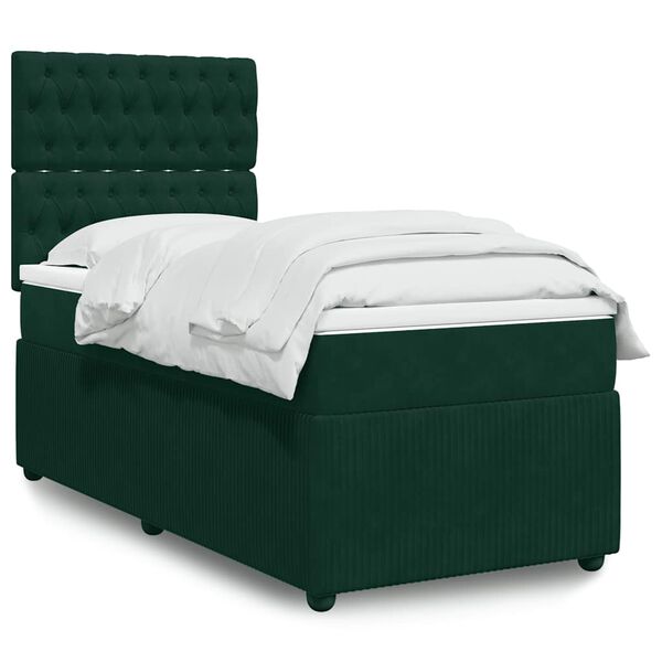 vidaXL Pat box spring cu saltea, verde &icirc;nchis, 100x200 cm, catifea