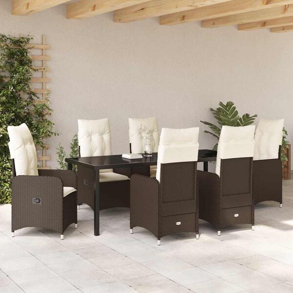 vidaXL Set de masă pentru grădină cu pernă 7 pcs Maro Rattan poli