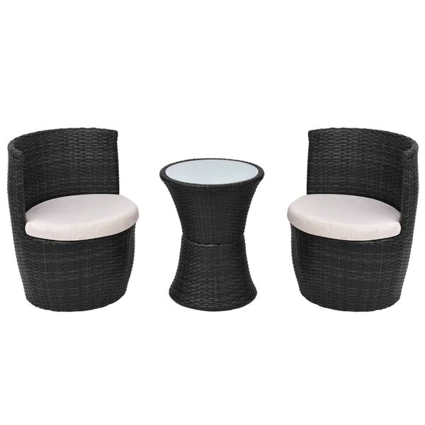 vidaXL Set mobilier bistro cu perne, 3 piese, negru, poliratan