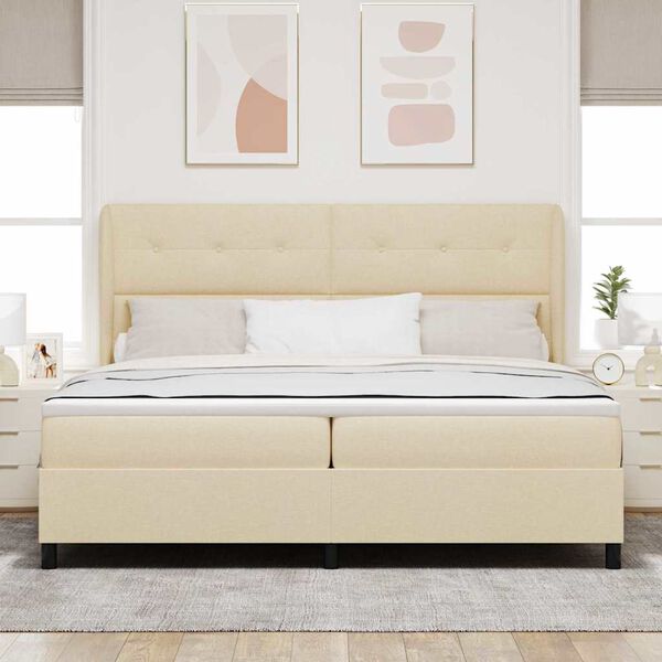 vidaXL Pat cu arcuri cu saltea cu headboard Crem 200 x 200 cm țesătură