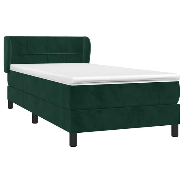 vidaXL Pat box spring cu saltea, verde &icirc;nchis, 90x200 cm, catifea