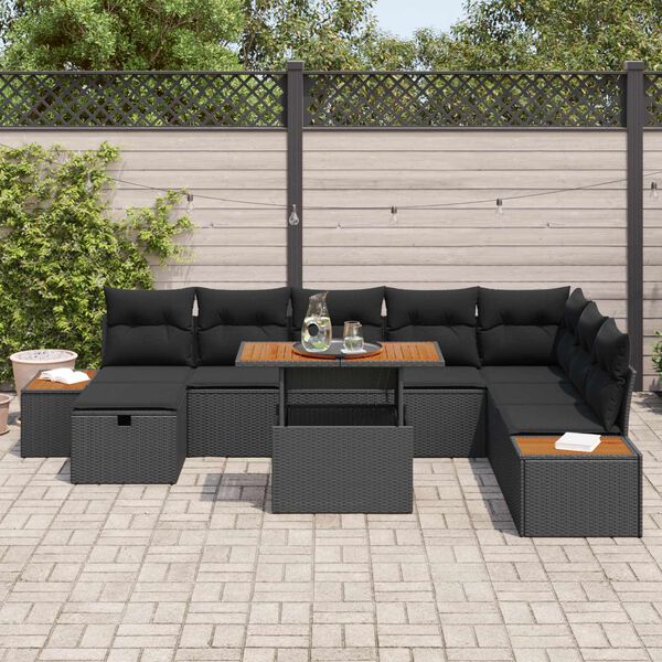 vidaXL Set de canapele pentru grădină cu pernă 9 pcs Negru poliratan