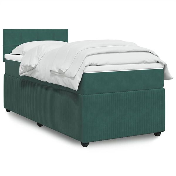 vidaXL Pat box spring cu saltea, verde &icirc;nchis, 90x200 cm, catifea
