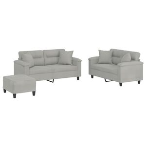 vidaXL Set de canapele cu perne, 3 piese, gri deschis, microfibră