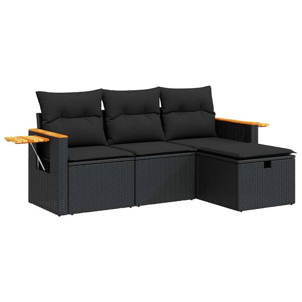 vidaXL Set mobilier de grădină cu perne, 4 piese, negru, poliratan