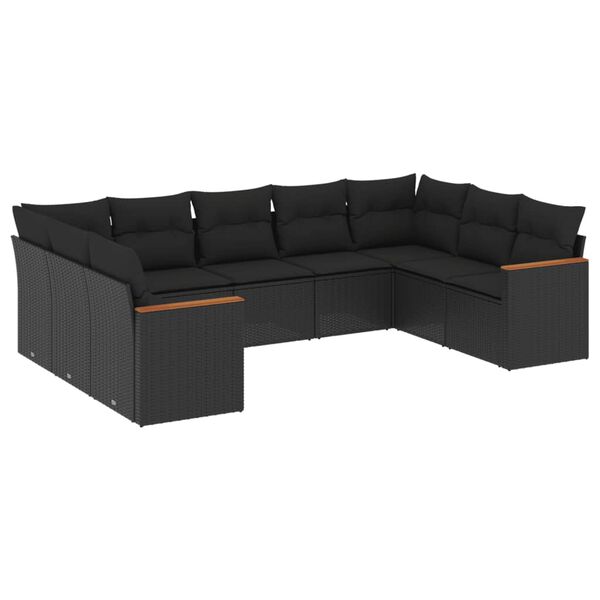vidaXL Set mobilier de grădină cu perne, 9 piese, negru, poliratan