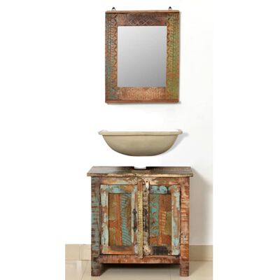 Set dulap de baie din lemn masiv reciclat, cu oglindă
