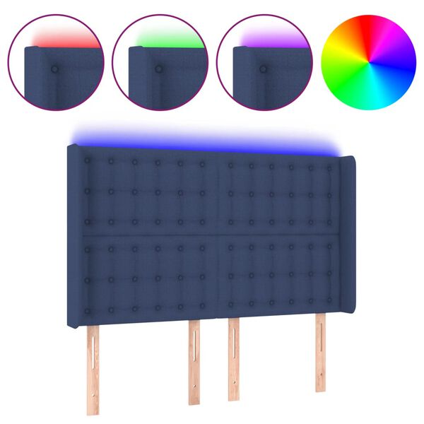 vidaXL Tăblie de pat cu LED, albastru, 147x16x118/128 cm, textil